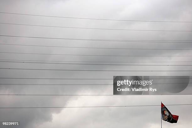 Flag of the Oberhausen fans is pictured during the Second Bundesliga match between Rot-Weiss Oberhausen and 1. FC Kaiserslautern at Niederrhein...