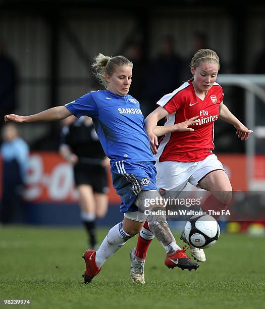 Kylie Davies of Chelsea tries to tackle Kim Little of Arsenal during the Women's FA Cup Semi Final match between Chelsea and Arsenal at Wheatsheaf...