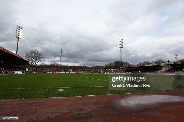 General view of the stadium is seen during the Second Bundesliga match between Rot-Weiss Oberhausen and 1. FC Kaiserslautern at Niederrhein Stadium...