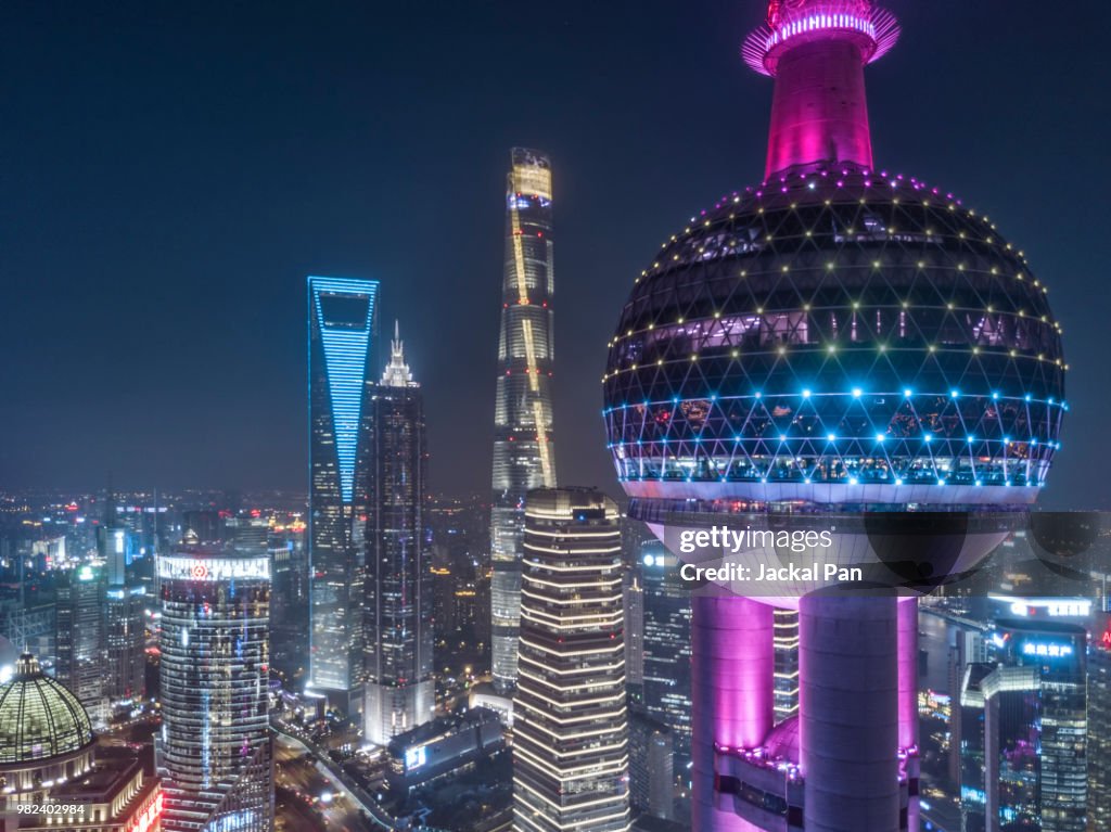Aerial View of Shanghai Lujiazui Financial District at Night