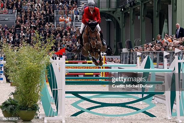 World Champion Jos Lansink in action during the Equestrian Event "Saut Hermes" at Grand Palais on April 4, 2010 in Paris, France.