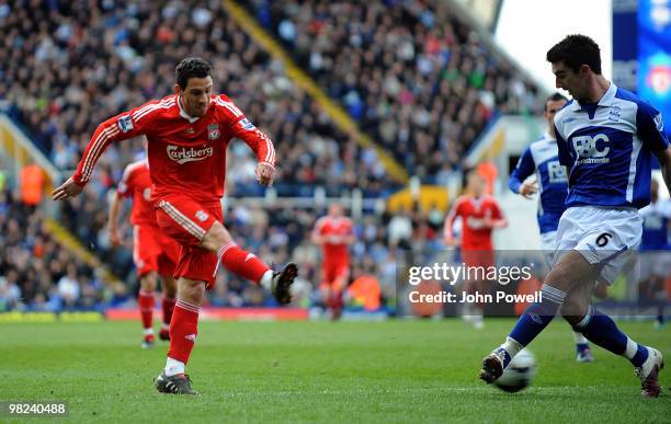 Maxi Rodriguez of Liverpool shoots just wide during the Barclays Premier League match between Birmingham City and Liverpool at St. Andrews Stadium on...