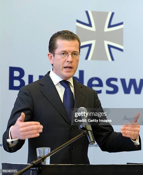 German Defense Minister Karl-Theodor zu Guttenberg makes a statement about the latest gun battle between Bundeswehr soldiers and Taliban rebels near...