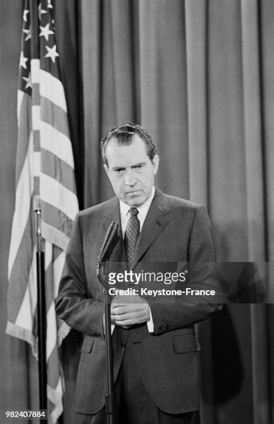 Le président américain Richard Nixon donne une conférence de presse à la Maison-Blanche à Washington aux Etats-Unis, le 17 mars 1969.