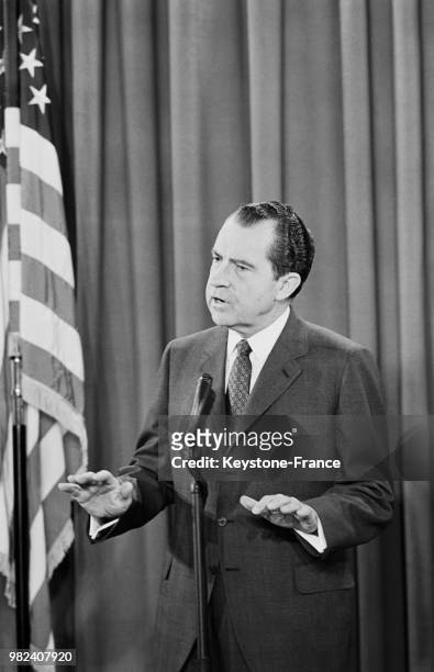 Le président américain Richard Nixon donne une conférence de presse à la Maison-Blanche à Washington aux Etats-Unis, le 17 mars 1969.