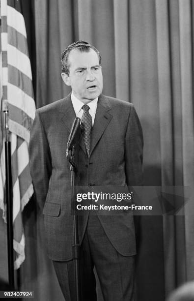 Le président américain Richard Nixon donne une conférence de presse à la Maison-Blanche à Washington aux Etats-Unis, le 17 mars 1969.