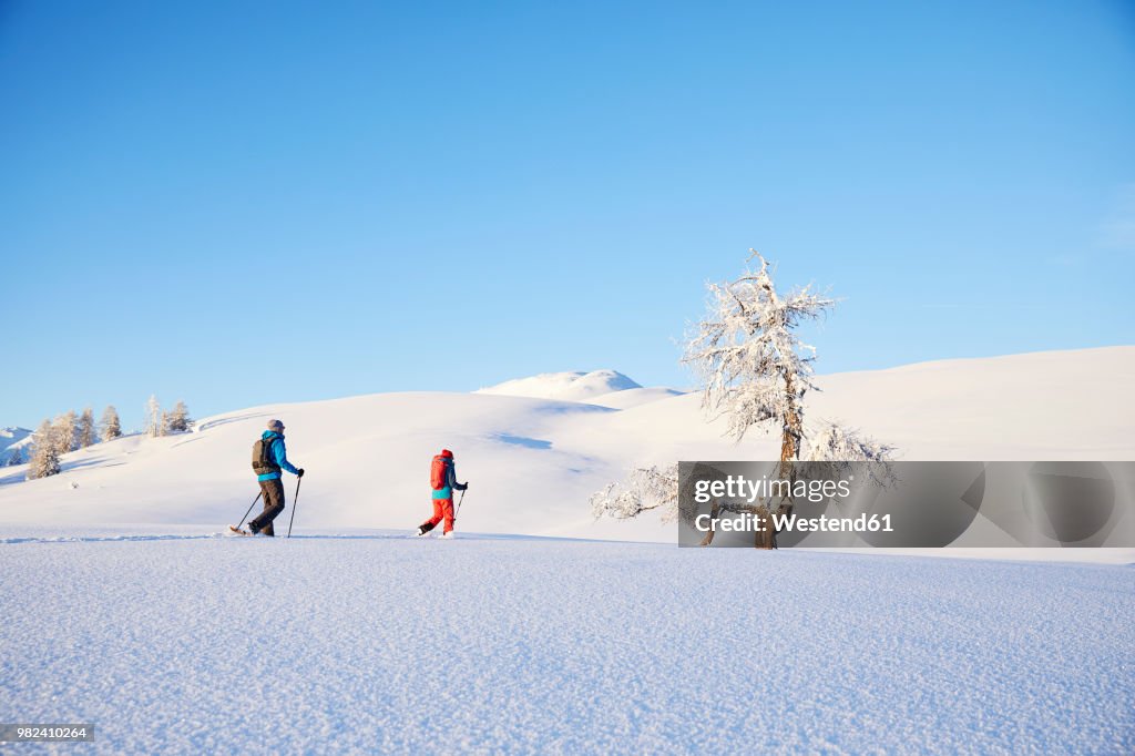 Austria, Tyrol, couple snowshoeing