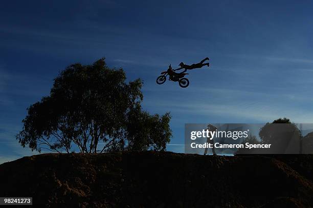 Grant Snow performs an air during the Rocky Valley motocross weekend on April 4, 2010 in Mudgee, Australia. Rocky Valley is a private farm located...