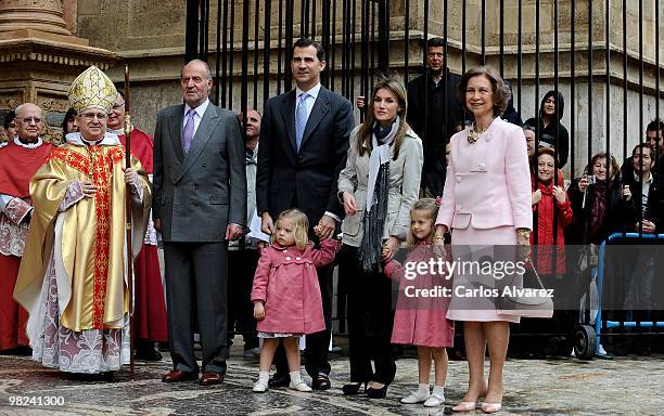 Spanish Royals King Juan Carlos, Prince Felipe, Princess Sofia, Princess Letizia, Princess Leonor and Queen Sofia attend Easter Mass at Palma de...