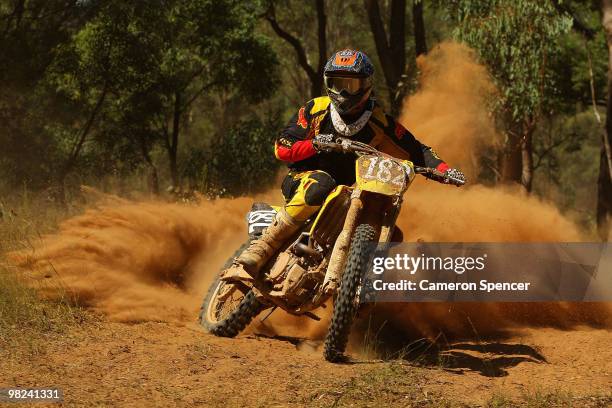 Rhys Hume rides through a berm during the Rocky Valley motocross weekend on April 4, 2010 in Mudgee, Australia. Rocky Valley is a private farm...