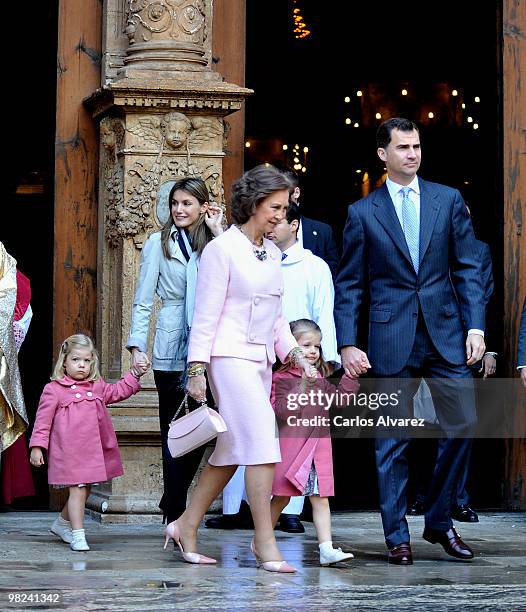 Spanish Royals Princess Sofia, Princess Letizia, Queen Sofia, Princess Leonor and Prince Felipe attend Easter Mass at Palma de Mallorca Cathedral, on...