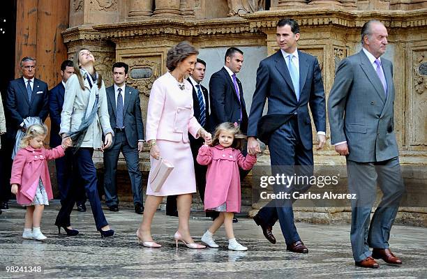 Spanish Royals Princess Sofia, Princess Letizia, Queen Sofia, Princess Leonor, Prince Felipe and King Juan Carlos attend Easter Mass at Palma de...