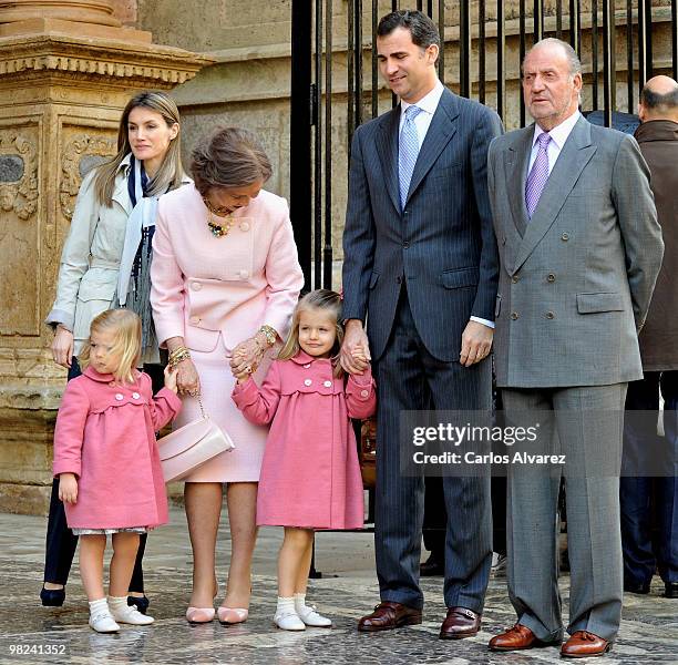 Spanish Royals Princess Letizia, Princess Sofia, Queen Sofia, Princess Leonor, Prince Felipe and King Juan Carlos attend Easter Mass at Palma de...