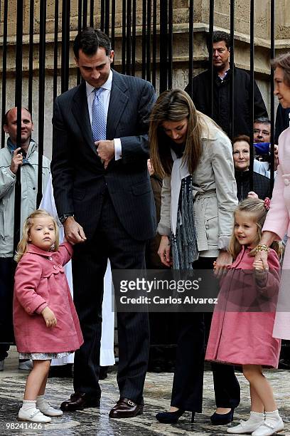Spanish Royals Princess Sofia, Prince Felipe, Princess Letizia and Princess Leonor attend Easter Mass at Palma de Mallorca Cathedral, on April 4,...