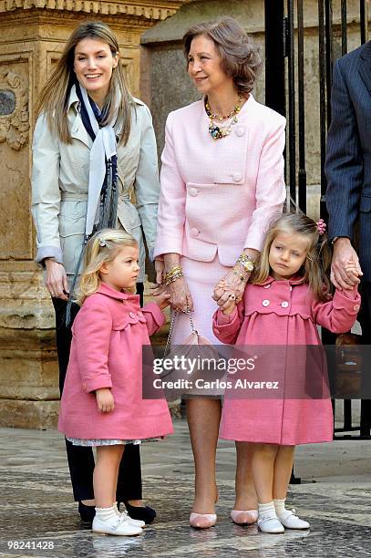 Spanish Royals Princess Letizia, Princess Sofia, Queen Sofia and Princess Leonor attend Easter Mass at Palma de Mallorca Cathedral, on April 4, 2010...