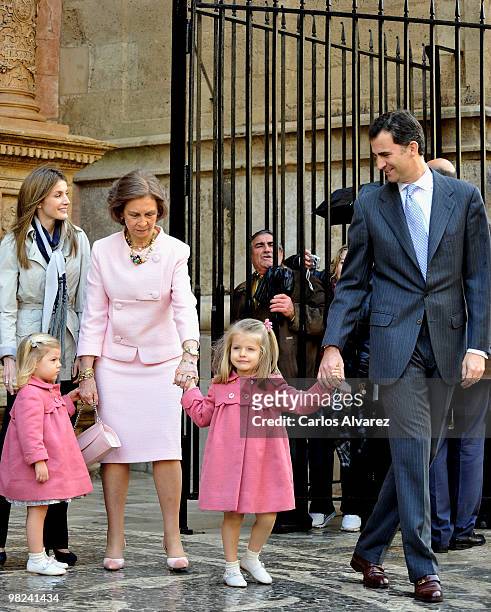 Spanish Royals Princess Letizia, Princess Sofia, Queen Sofia, Princess Leonor and Prince Felipe attend Easter Mass at Palma de Mallorca Cathedral, on...