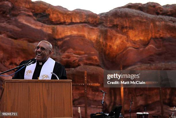 Rev. Hollis Booker gives the sermon from Matthew 28 during the sixty-third annual Easter Sunrise Service at Red Rocks Amphitheatre on April 4, 2010...