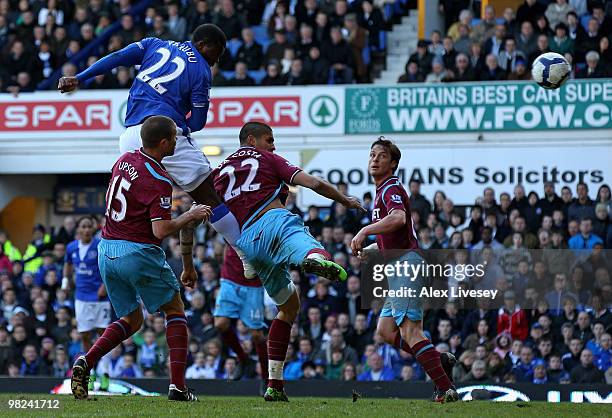 Yakubu of Everton scores his team's second goal during the Barclays Premier League match between Everton and West Ham United at Goodison Park on...
