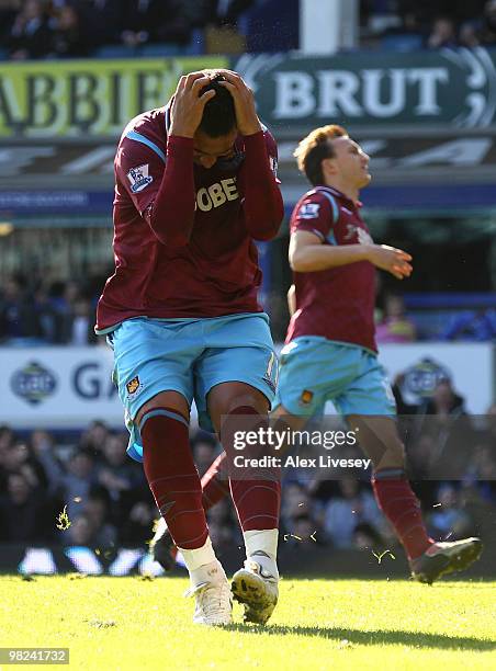 Mido of West Ham reacts after missing a penalty kick during the Barclays Premier League match between Everton and West Ham United at Goodison Park on...