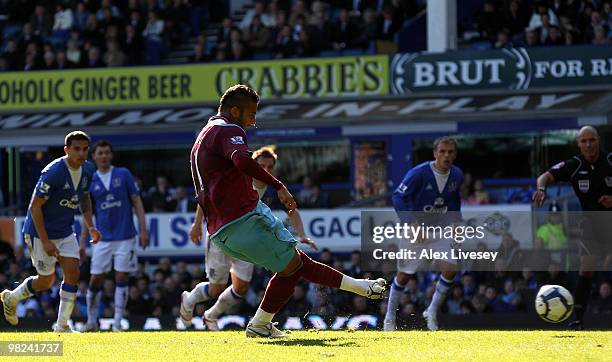 Mido of West Ham takes and subsequently misses a penalty kick during the Barclays Premier League match between Everton and West Ham United at...