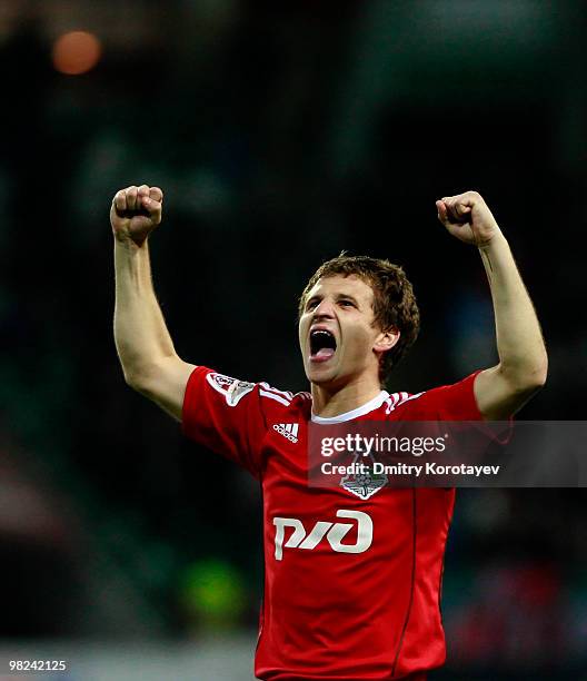 Oleksandr Aliyev of FC Lokomotiv Moscow celebrates after scoring a goal during the Russian Football League Championship match between FC Lokomotiv...