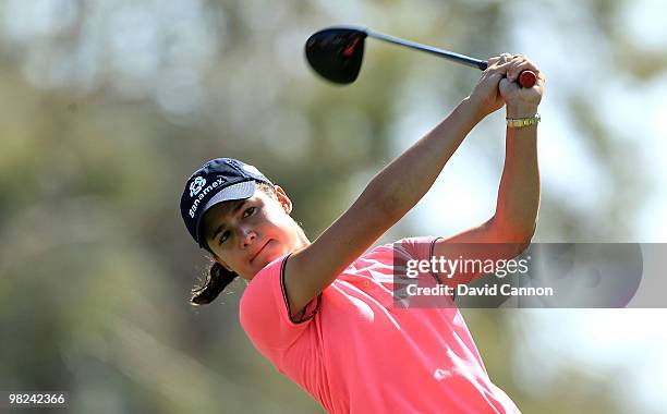 Lorena Ochoa of Mexico plays her tee shot on the third hole during the final round of the 2010 Kraft Nabisco Championship, on the Dinah Shore Course...