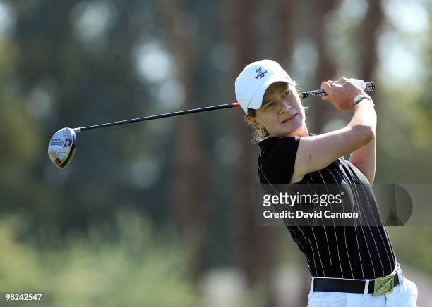 Catriona Matthew of Scotland plays her tee shot on the third hole during the final round of the 2010 Kraft Nabisco Championship, on the Dinah Shore...