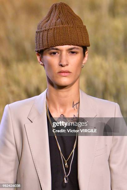 Model walks the runway during the AMI Alexandre Mattiussi Menswear Spring/Summer 2019 fashion show as part of Paris Fashion Week on June 21, 2018 in...