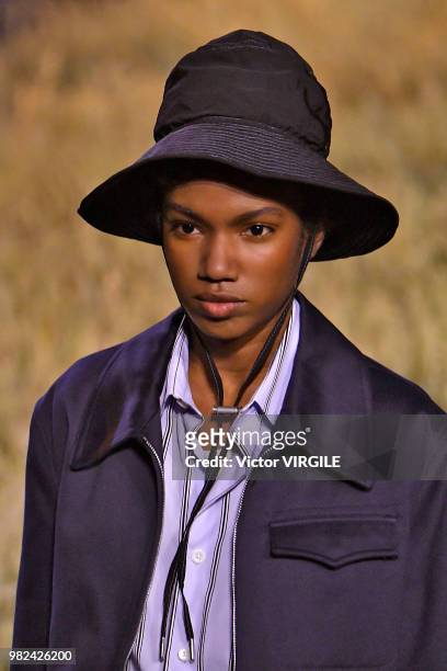 Model walks the runway during the AMI Alexandre Mattiussi Menswear Spring/Summer 2019 fashion show as part of Paris Fashion Week on June 21, 2018 in...