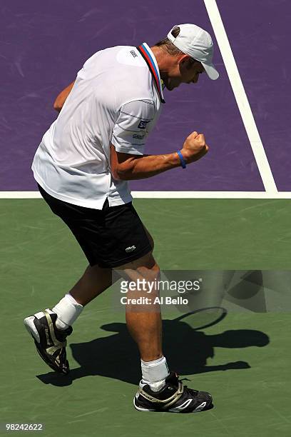 Andy Roddick of the United States reacts after a point against Tomas Berdych of the Czech Republic during the men's final of the 2010 Sony Ericsson...