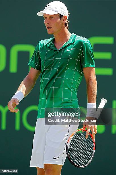 Tomas Berdych of the Czech Republic looks on against Andy Roddick of the United States during the men's final of the 2010 Sony Ericsson Open at...