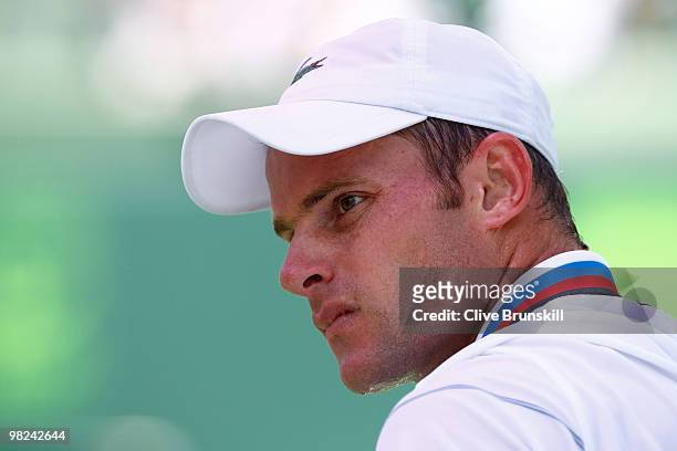 Andy Roddick of the United States looks on while playing against Tomas Berdych of the Czech Republic during the men's final of the 2010 Sony Ericsson...
