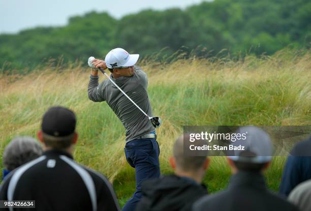 Zach Johnson plays a tee shot on the third hole during the third round of the Travelers Championship at TPC River Highlands on June 23, 2018 in...