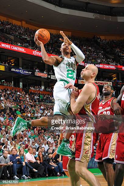 Ray Allen of the Boston Celtics rises up for a shot in the lane against Zydrunas Ilgauskas of the Cleveland Cavaliers on April 4, 2010 at the TD...