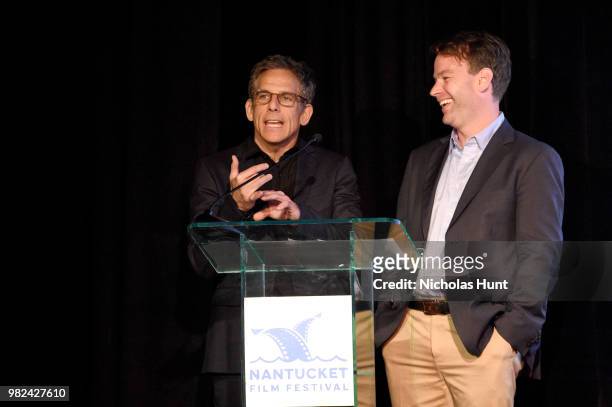 Ben Stiller and Mike Birbiglia speak onstage during the Screenwriters Tribute at the 2018 Nantucket Film Festival - Day 4 on June 23, 2018 in...