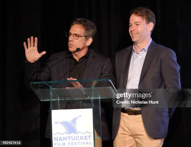 Ben Stiller and Mike Birbiglia speak onstage during the Screenwriters Tribute at the 2018 Nantucket Film Festival - Day 4 on June 23, 2018 in...