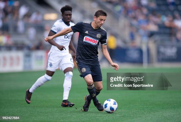 Union Midfielder Alejandro Bedoya makes a pass in the first half during the game between Vancouver Whitecaps FC and the Philadelphia Union on June...