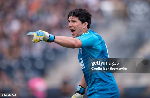 Whitecaps Keeper Brian Rowe calls out instructions for a corner kick in the first half during the game between Vancouver Whitecaps FC and the...