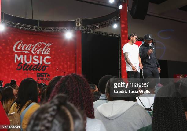 Tone Stith and DJ Mal-Ski onstage at the Coca-Cola Music Studio during the 2018 BET Experience at the Los Angeles Convention Center on June 23, 2018...