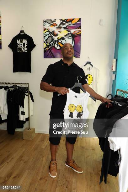 Kareem Burke attends the Boy Meets Girl - Black Label X Smiley Original as part of Paris Fashion Week on June 23, 2018 in Paris, France.