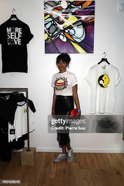 Designer Amrita attends the Boy Meets Girl - Black Label X Smiley Original as part of Paris Fashion Week on June 23, 2018 in Paris, France.