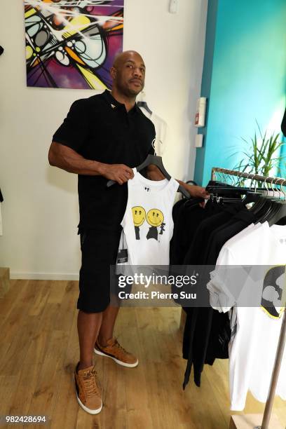 Kareem Burke attends the Boy Meets Girl - Black Label X Smiley Original as part of Paris Fashion Week on June 23, 2018 in Paris, France.