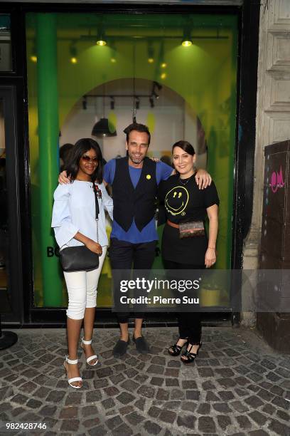 Emilia Tambwe, Nicolas Loufrani and Stacy Igel attend the Boy Meets Girl - Black Label X Smiley Original as part of Paris Fashion Week on June 23,...