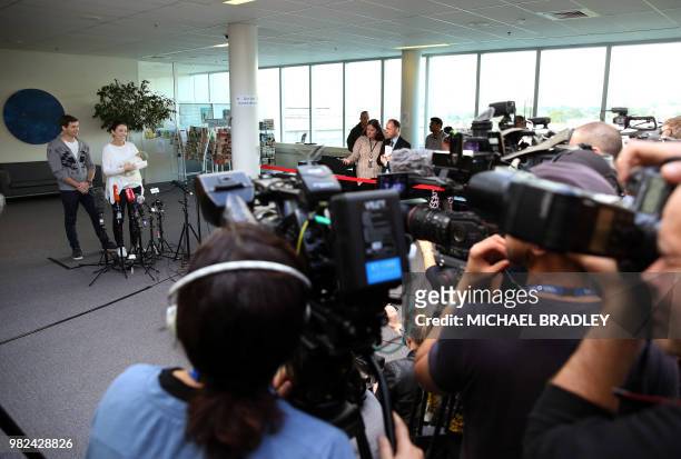 New Zealand Prime Minister Jacinda Ardern, her partner Clarke Gayford and their baby daugther Neve Te Aroha Ardern Gayford attend a press conference...
