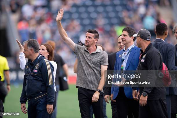 Sébastien Le Toux waves to the crowd after being inducted into the Ring of Honor during the game between Vancouver Whitecaps FC and the Philadelphia...