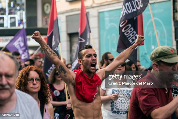 Man shouting during a demonstration demanding freedom for the eight people sentenced to jail accused of attacking policemen in Alsasua, Navarra, in...