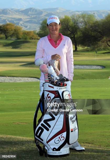 Gwladys Nocera of France with her bag before the final round of the 2010 Kraft Nabisco Championship, on the Dinah Shore Course at The Mission Hills...