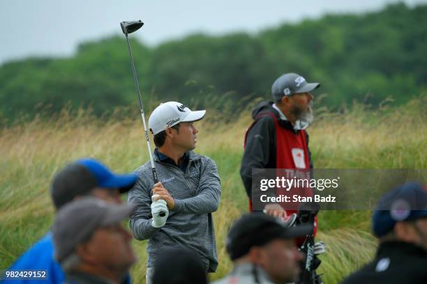 Brian Harman plays a tee shot on the third hole during the third round of the Travelers Championship at TPC River Highlands on June 23, 2018 in...
