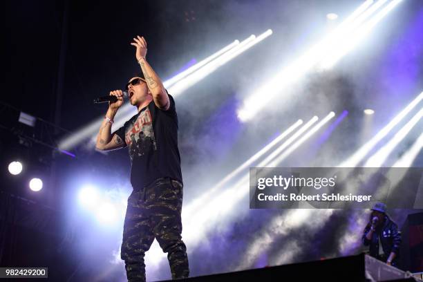 Rapper Jan Delay of the band Beginner performs live on stage during the second day of the Hurricane festival on June 23, 2018 in Scheessel, Germany.