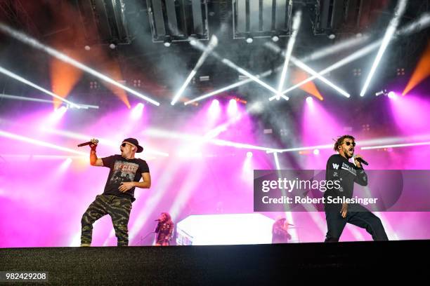 Rappers Jan Delay and Denyo of the band Beginner performs live on stage during the second day of the Hurricane festival on June 23, 2018 in...